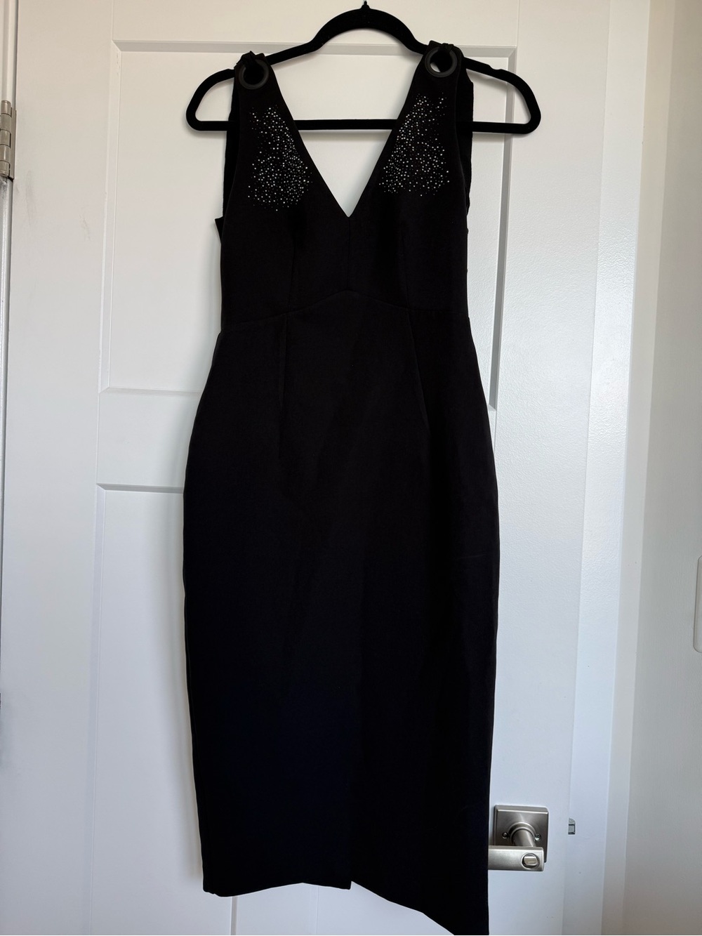 Zara Black Midi Dress with V-Neck and Shoulder Stud Detail